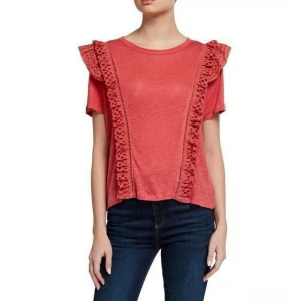 VERONICA BEARD Jeans Prema Eyelet‎ Ruffle Coral Linen Ruffle Short Sleeve Tee L
